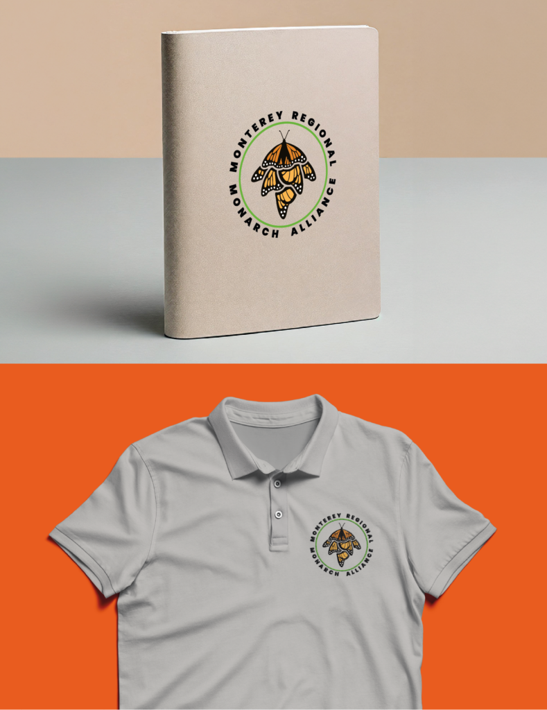 Mockups of promotional items using the Monterey Regional Monarch Alliance logo by Curious G Design's Milena Gavala